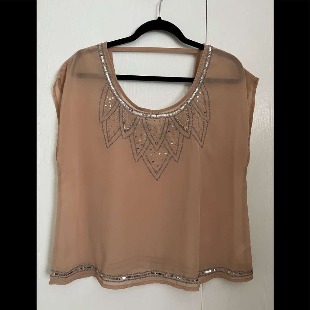 Decree Sheer Sequin Cap Sleeve Blouse Size L Blush NWOT